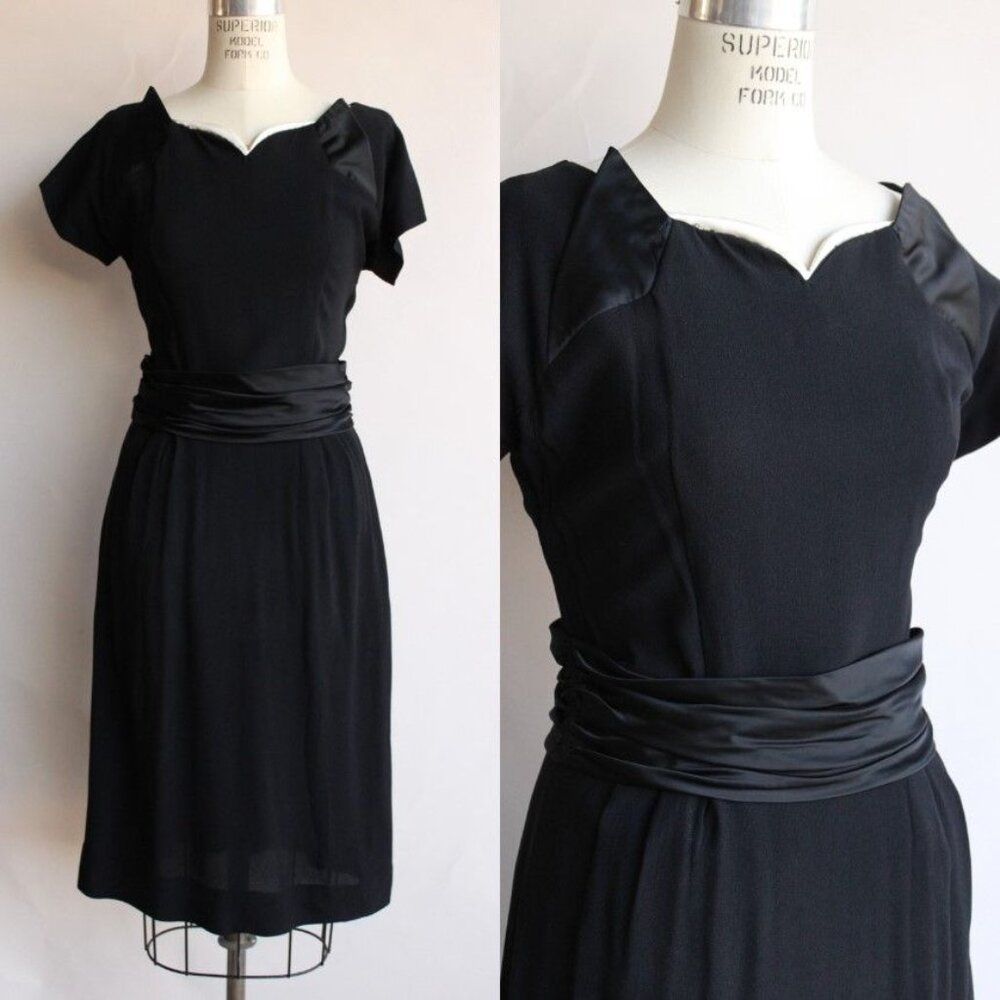Vintage 1950s Dress, Black Rayon Dress With Cummerbund Belt and Sweetheart Neck
